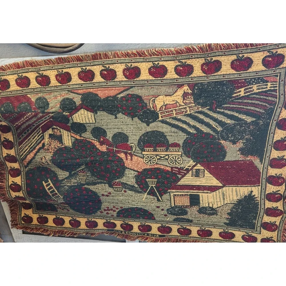 Vtg woven‎ Tapestry Throw Blanket Horses Barn Apple Orchard Thick Cotton Fringe